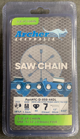 12" Archer Chainsaw Chain 3/8"LP Pitch FULL CHISEL .050 Gauge 44DL Stihl