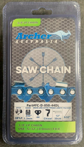 12" Archer Chainsaw Chain 3/8"LP Pitch FULL CHISEL .050 Gauge 44DL Stihl