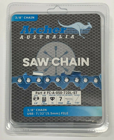 20" Archer Chainsaw Chain 3/8" pitch FULL CHISEL SKIP TOOTH .050 Gauge 72DL