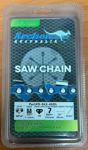12" Chainsaw Saw Chain 3/8" LP .043 Gauge 46 Drive Links replaces 90PX046X R46