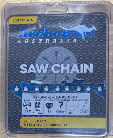 20" Archer Chainsaw Chain .325-.063-81DL FULL CHISEL SKIP-TOOTH .063 gauge