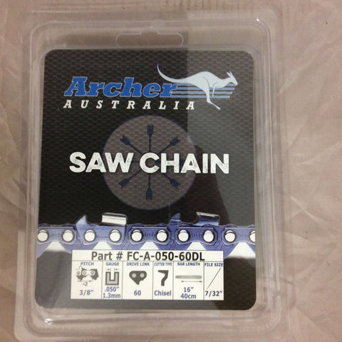 16" Archer Chainsaw Chain 3/8" pitch FULL CHISEL .050 Gauge 60 DL drive links