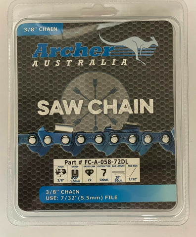 20" Archer Chainsaw Chain 3/8" pitch FULL CHISEL .058 Gauge 72 DL drive links