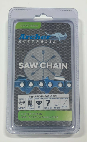 16" Archer Chainsaw Saw Chain FULL CHISEL 3/8LP .043 Gauge 56DL drive links