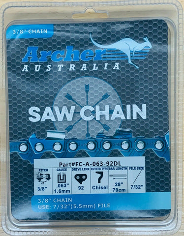 28" Archer Chainsaw Chain 3/8" pitch FULL CHISEL .063 Gauge 92DL drive links