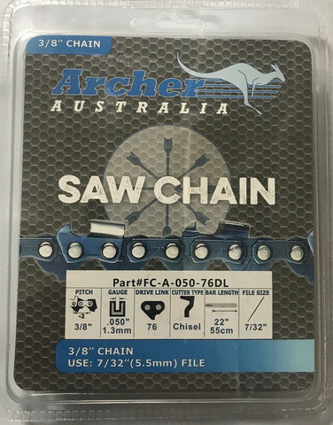 22" Archer Chainsaw Chain 3/8" .050 76DL FULL CHISEL Replaces 72LGX076G