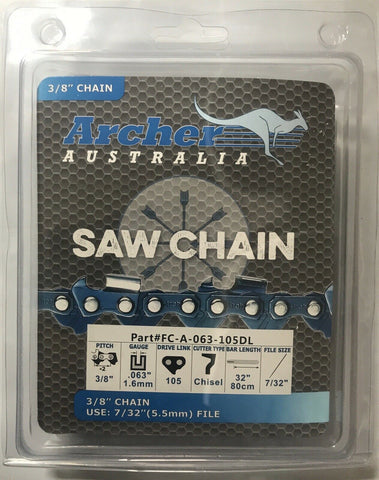 32" Archer Chainsaw Chain 3/8" .063 gauge 105DL FULL CHISEL replaces 75LPX105G