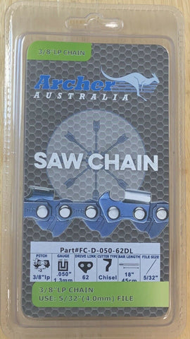 18" Archer Chainsaw Chain 3/8LP pitch FULL CHISEL .050 Gauge 62 DL drive links
